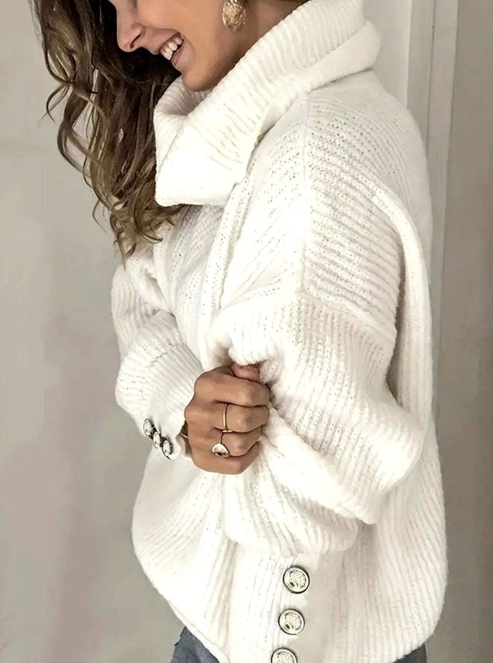 Josefine | Dame Ribstrikket Sweater Med Cowl-Hals Og Knapdetaljer