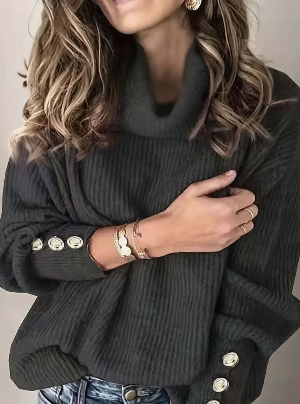 Josefine | Dame Ribstrikket Sweater Med Cowl-Hals Og Knapdetaljer